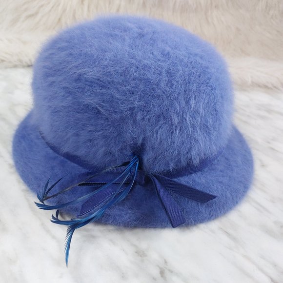 Vintage Women's Blue Fuzzy Soft Angora Fur and Feather Fedora Hat Made in Canada - Picture 7 of 7